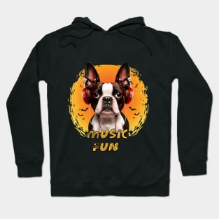 Boston Terrier dog listening to music with headphones Hoodie